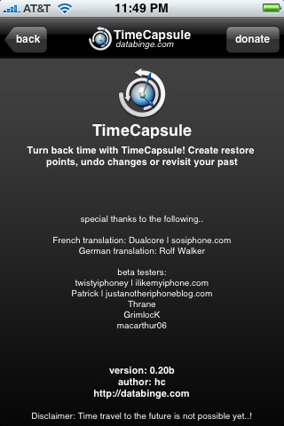 TimeCapsule About screen