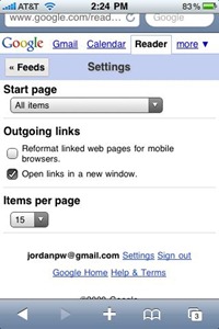 Google Reader Mobile on iPhone