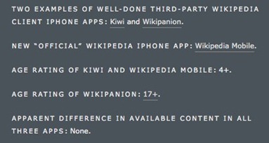 Daring Fireball_ Regarding the Lack of Consistency in the Age Ratings for Wikipedia-Based iPhone Apps Daring Fireball_ Regarding the Lack of Consistency in the Age Ratings for Wikipedia-Based iPhone Apps