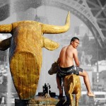 colorblast! 4 man on bull thing in front of a greyscale Eiffel Tower